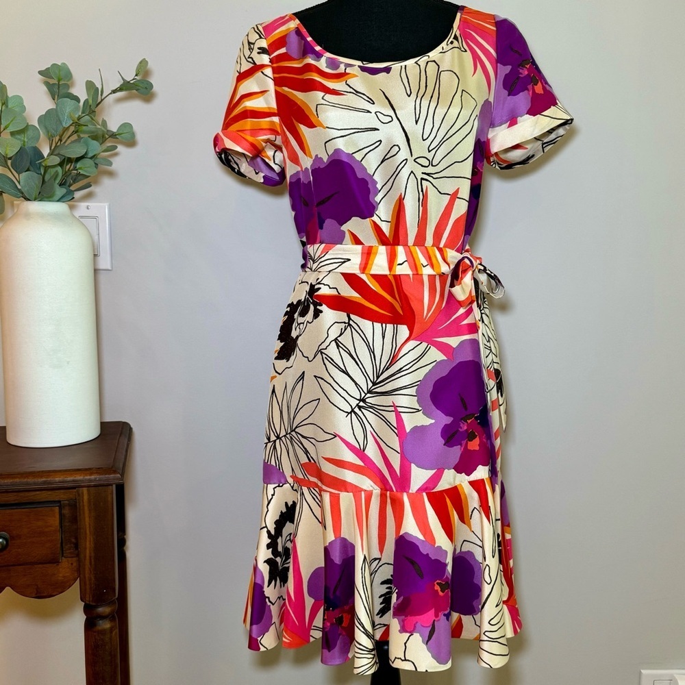 NWT Kate Spade ‘Elliana’ 100% silk dress size‎ 6 drop waist ruffle hem tie sash